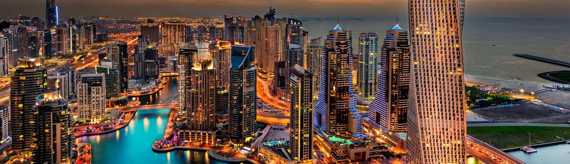 Dubai City view at sunset with skyscrapers