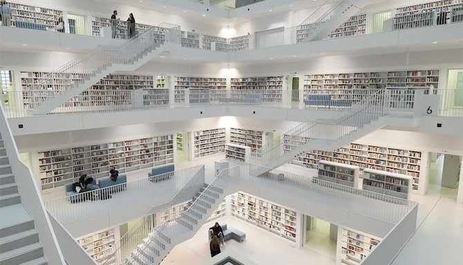Stuttgart Library impresses with its minimalist design, geometric symmetry, and serene atmosphere