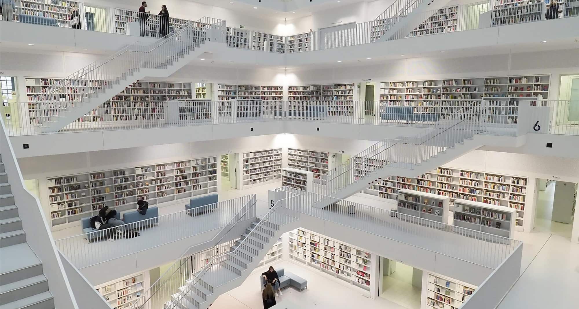 Stuttgart Library impresses with its minimalist design, geometric symmetry, and serene atmosphere
