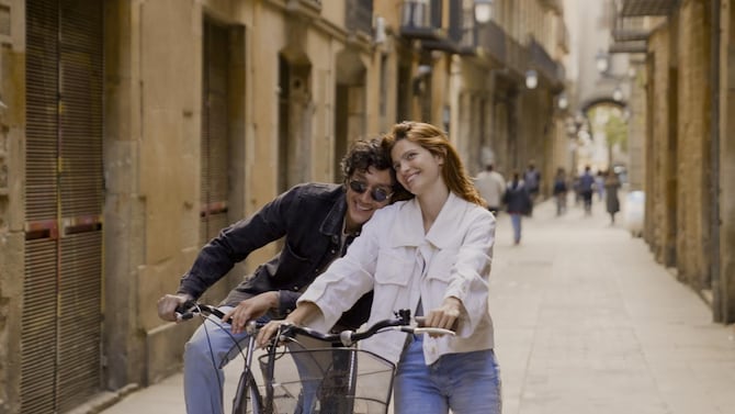 Biking in the narrow streets of Barcelona