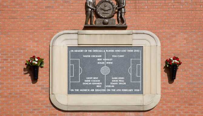 Blog images - 2025 - Plaque commemorating the Munich air disaster on wall of the Manchester United football stadium Old T