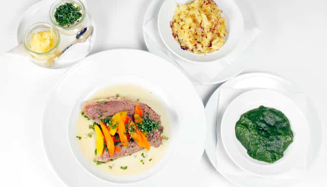 Blog images - 2025 - Tafelspitz Prime oiled beef with hash browns creamed spinach apple horseradish and Sauca Tartare