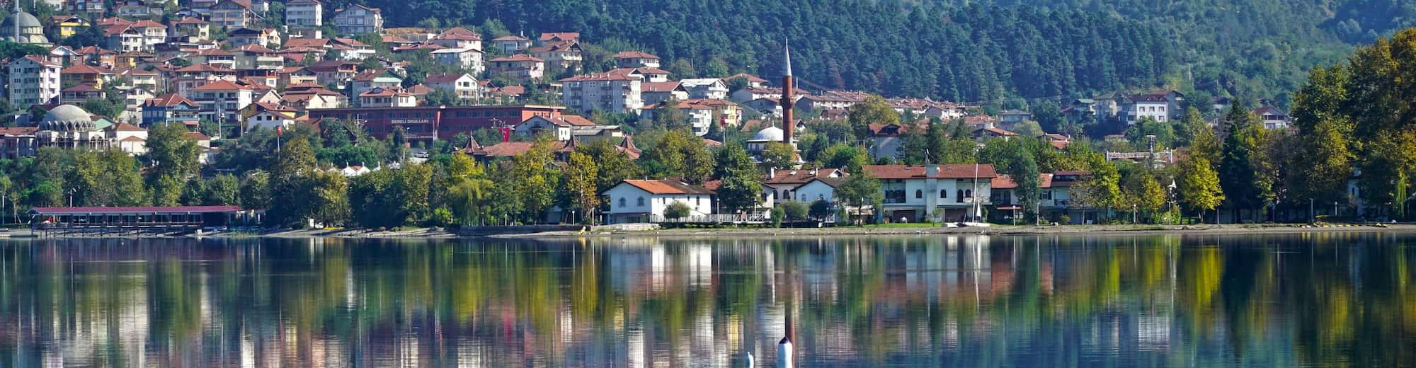 Reiseziel-Seiten – Luftaufnahme von See und Stadt in Sakarya