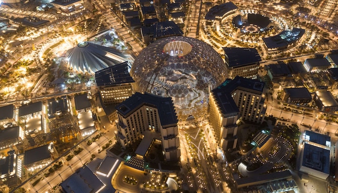 Destination Pages - Aerial night view of Al Wasl, Dubai, UAE