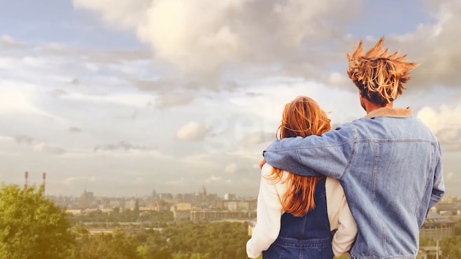 Couple looking at city scape