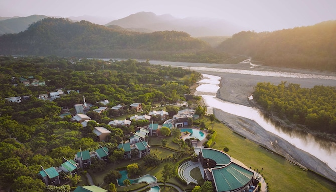 Aerial view of Namah Resort, situated in the foothills of the Himalayas