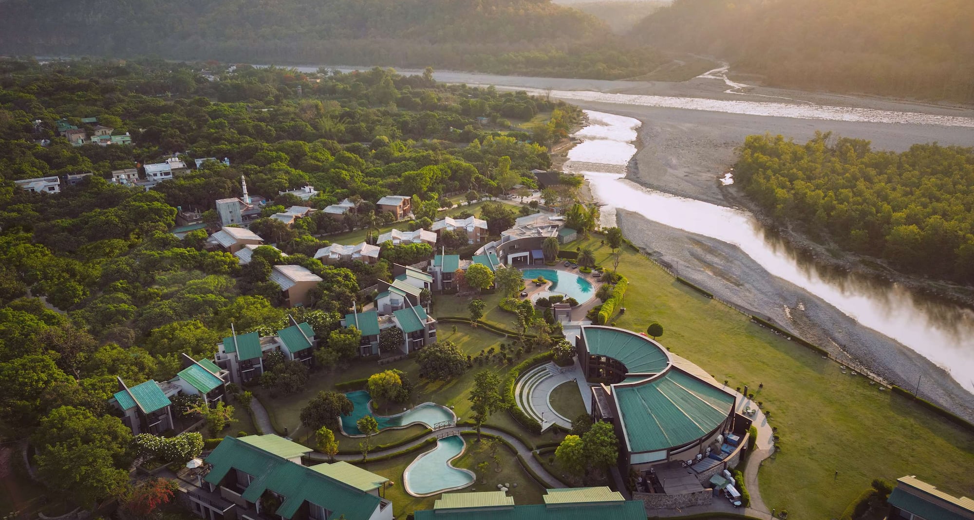 Aerial view of Namah Resort, situated in the foothills of the Himalayas