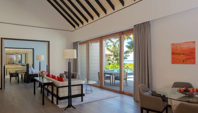 Radisson Blu Resort, Maldives - Three Bedroom Beach Suite Villa - Living room and master bedroom