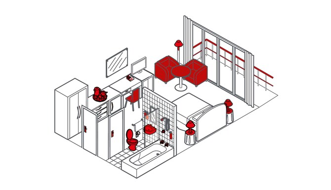 A drawn illustration of the guest room high-touch items