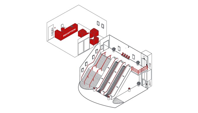 A drawn illustration of the reception and lobby high-touch items