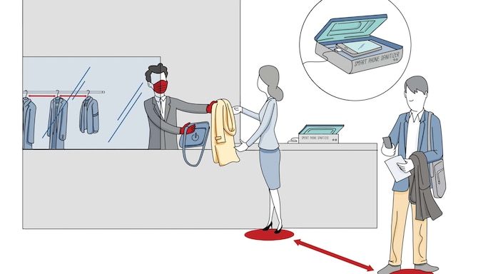 Un’illustrazione disegnata di un ospite che consegna in tutta sicurezza un cappotto a un dipendente dell’hotel.