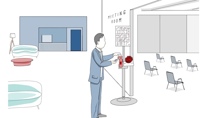 Gezeichnete Darstellung eines Konferenzteilnehmers bei der Benutzung einer Handdesinfektionsstation in der Nähe des Veranstaltungsraumes.