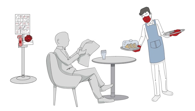 Un’illustrazione disegnata del personale che consegna un piatto di cibo che è stato confezionato, mentre indossa attrezzatura personale protettiva.