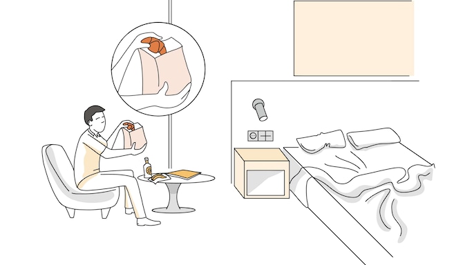 Un’illustrazione disegnata di un ospite dell’hotel che mangia in camera.