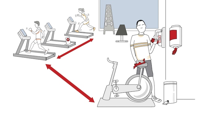 Un’illustrazione disegnata di un ospite dell’hotel che pulisce con una salvietta una cyclette.