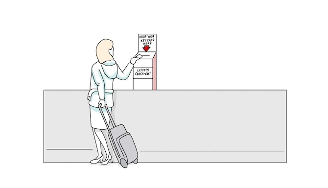 Un’illustrazione disegnata di un ospite dell’hotel mentre deposita la chiave della camera nella cassetta del check-out rapido.