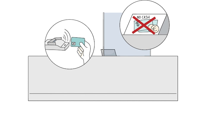 Un’illustrazione disegnata di una carta di credito che viene accettata nel POS, mentre viene sconsigliato l’utilizzo dei contanti.