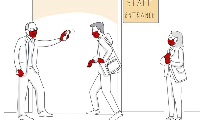 Un’illustrazione disegnata del personale dell’hotel a cui viene misurata la temperatura all’arrivo a lavoro.
