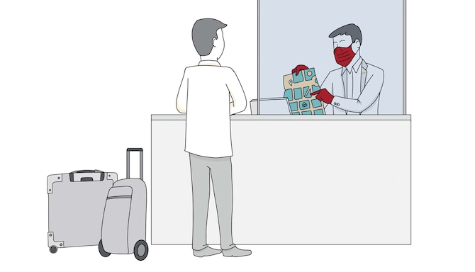 Un’illustrazione disegnata di un membro della reception dell’hotel dietro una barriera protettiva, che indossa una maschera e guanti.