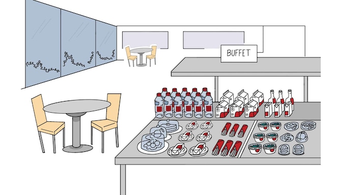 Un’illustrazione disegnata delle opzioni di cibo, confezionate singolarmente, offerte dall’hotel.