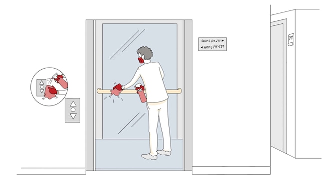 Un’illustrazione disegnata di un addetto dell’hotel mentre pulisce un ascensore.