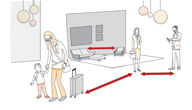 Un’illustrazione disegnata di ospiti nella hall dell’hotel che mantengono la distanza di due metri fra loro.