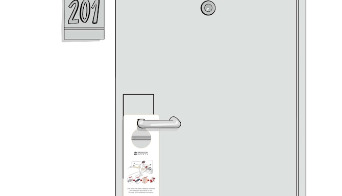 Un’illustrazione disegnata di una porta d’hotel con un cartellino che indica che la stanza è stata pulita.