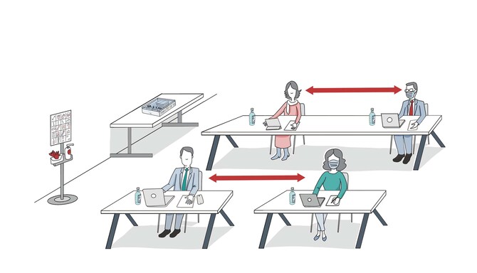 Een getekende illustratie van gasten die in een conferentieruimte zitten met 1,5 meter afstand tussen de tafels.