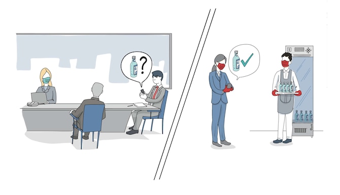 Een getekende illustratie van een conferentieorganisator die contact opneemt met de hotelevenementenmanager tijdens een vergadering of evenement.