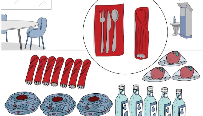 Een getekende illustratie van eten en drinken dat individueel wordt verpakt voor een vergadering/evenement.