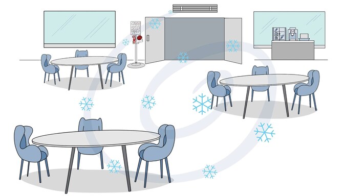 Een getekende illustratie van schone lucht afkomstig uit een ventilatieopening die door de vergader- en evenementenruimte circuleert.