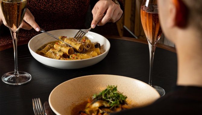 The Edwardian Manchester, A Radisson Collection Hotel - The Library Champagne Bar - Rigatoni pasta and Crispy skinned seabass